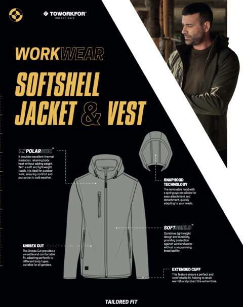 Kurtka Softshell ToWorkFor 1U50.40 Wiatroodporna Odpinany kaptur Czarna r.M-XXL