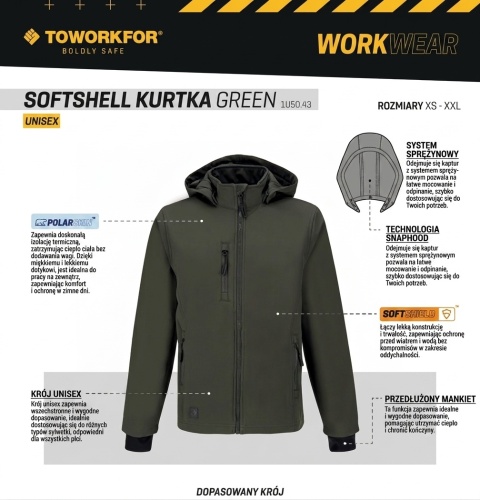 Kurtka Softshell ToWorkFor 1U50.40 Wiatroodporna Odpinany kaptur Zielona r.M-XXL