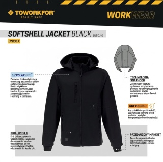 Kurtka Softshell ToWorkFor 1U50.40 Wiatroodporna Odpinany kaptur Czarna r.M-XXL