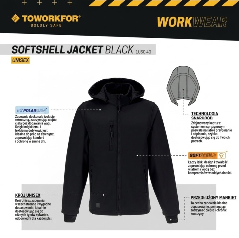 Kurtka Softshell ToWorkFor 1U50.40 Wiatroodporna Odpinany kaptur Czarna r.M-XXL