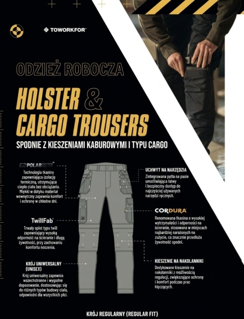 Spodnie Robocze HOLSTER BLACK ToWorkFor Kieszenie Monterskie Cordura Roz. 46-54